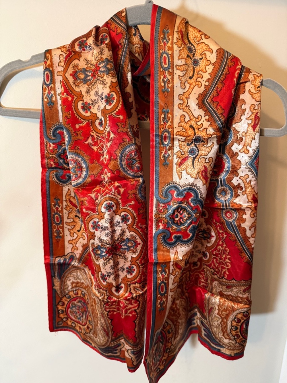 Vintage Red Paisley Satin Scarf with Gold and Blue Accents